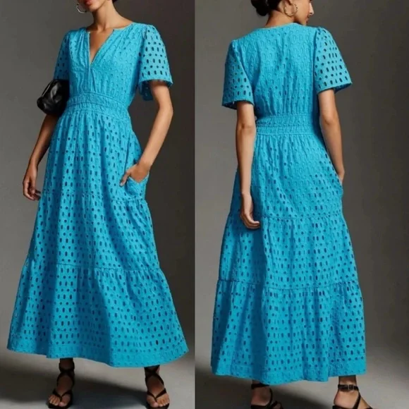 Anthropologie The Somerset Maxi Dress Eyelet Edition Blue Size Medium - Picture 2 of 16